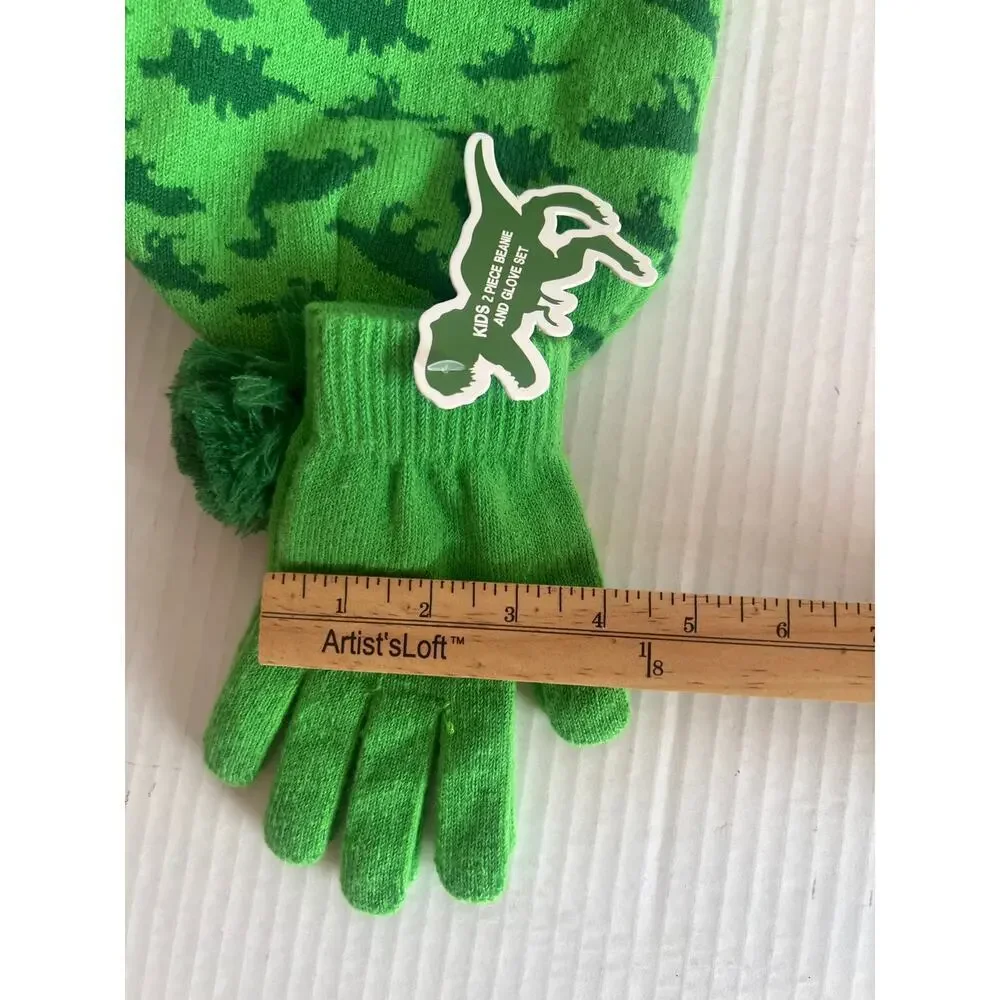 Kids Critter Beanie and Glove Set green dinosaur pattern Pom Pom